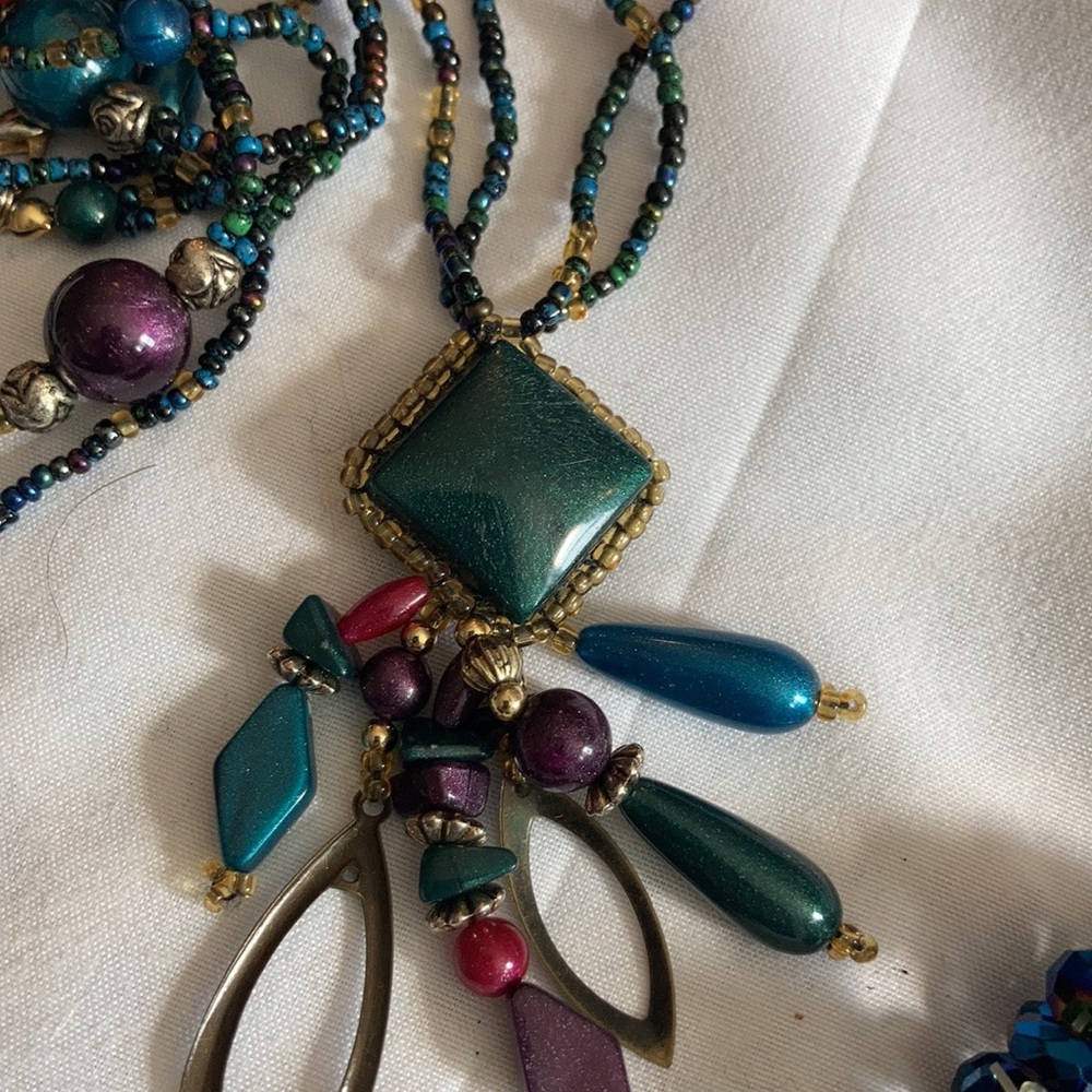Long beaded eclectic boho necklace royal gem colors teal burgundy forest green
